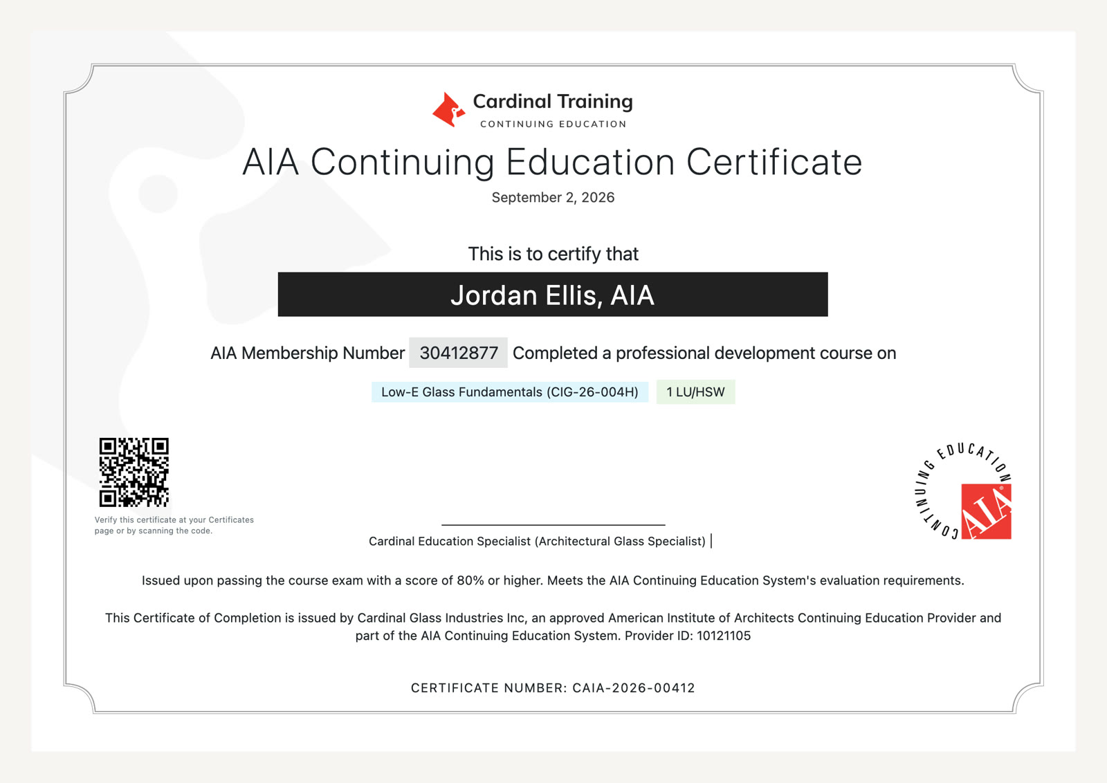 Sample Cardinal Training AIA Continuing Education Certificate for Low-E Glass Fundamentals showing the Learning Units, provider number, QR verification code, and AIA CES seal